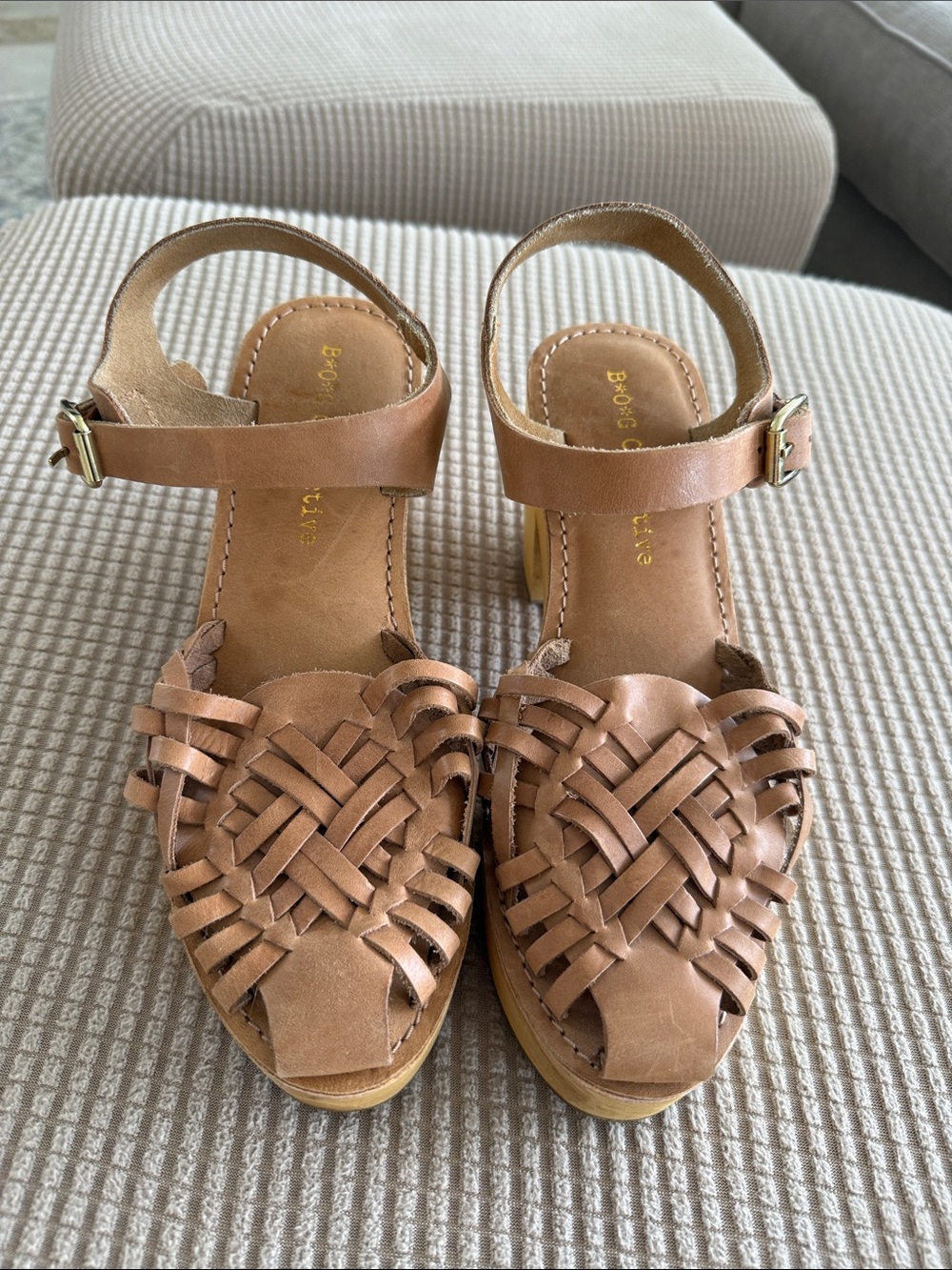 BOG Collective Size 8 Platform Heel Tan Woven Leather Strap Sandals